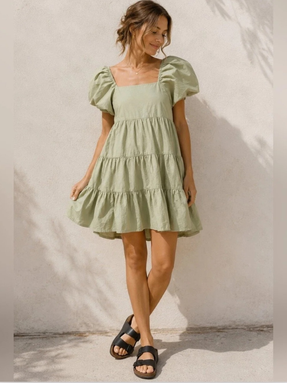 OAK + FORT Light Green Puff-Sleeve Tiered Mini Dress size xs